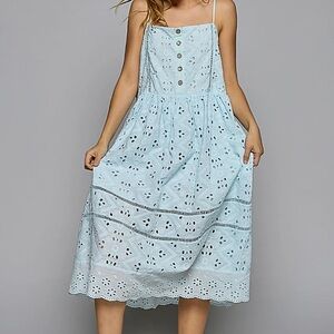 POL Light Blue Eyelet Midi Dress with Spaghetti Straps